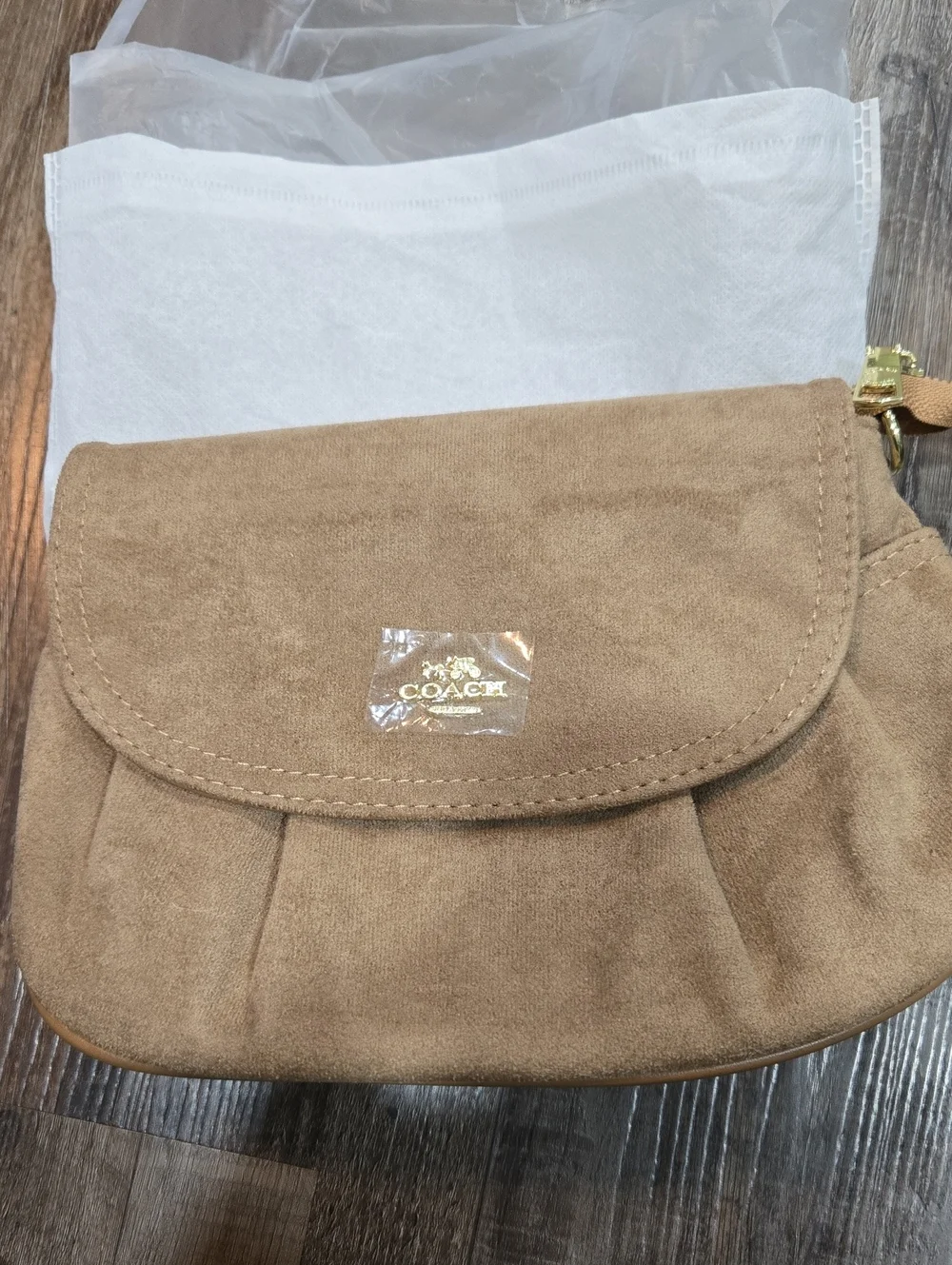COACH Tan Suede Small Crossbody Bag with Gold Logo